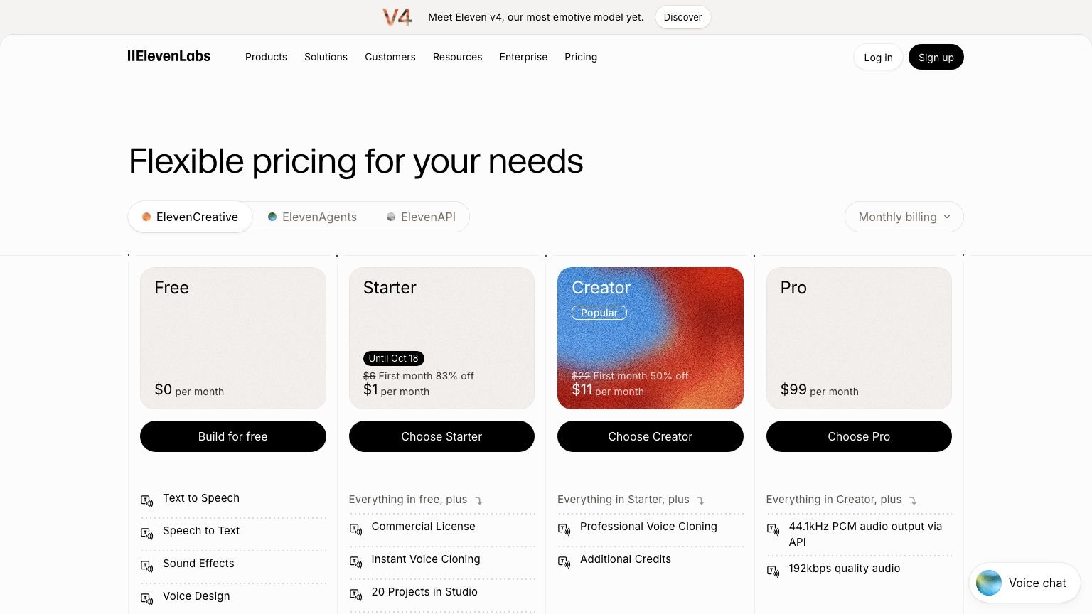 ElevenLabs pricing page in October 2026 showing the Starter, Creator and Pro plans