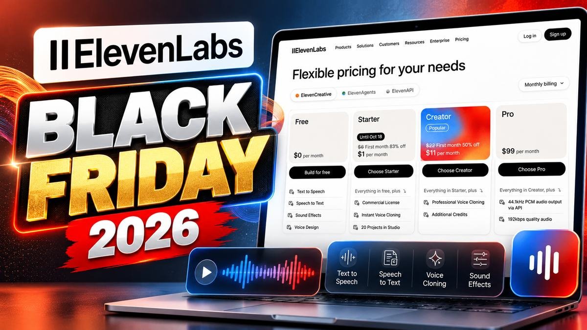 ElevenLabs Black Friday 2026 tracker showing the ElevenLabs pricing page with Starter, Creator and Pro plans