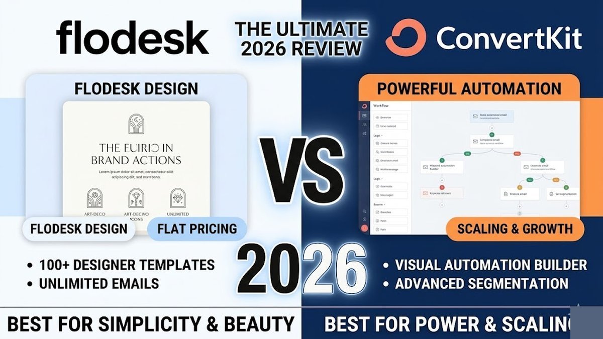 Side-by-side comparison of Flodesk and Kit email marketing platforms, showing pricing tiers and feature differences in 2026