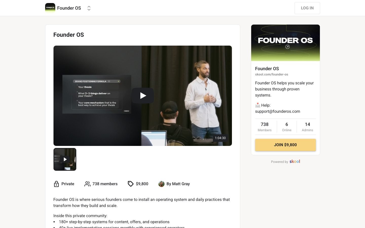 Founder OS Skool page showing 738 members and the $9,800 price point under Matt Gray