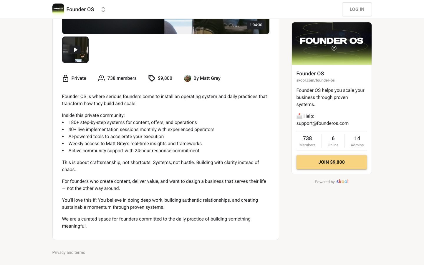 Founder OS community detail showing the private group size and member activity
