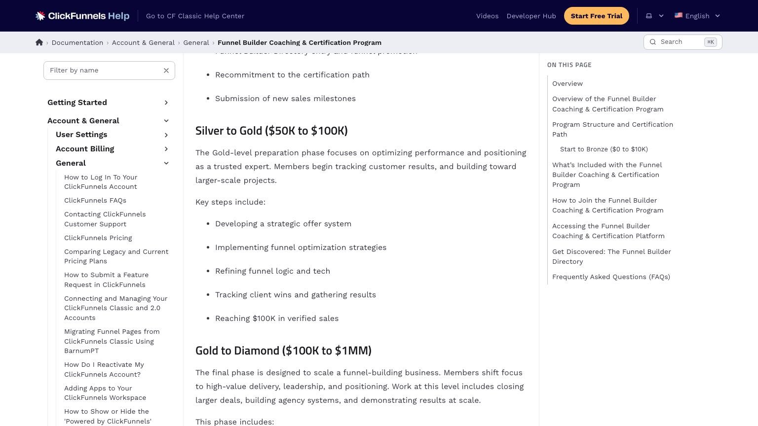 ClickFunnels help doc showing the Silver to Gold and Gold to Diamond certification phases with revenue targets
