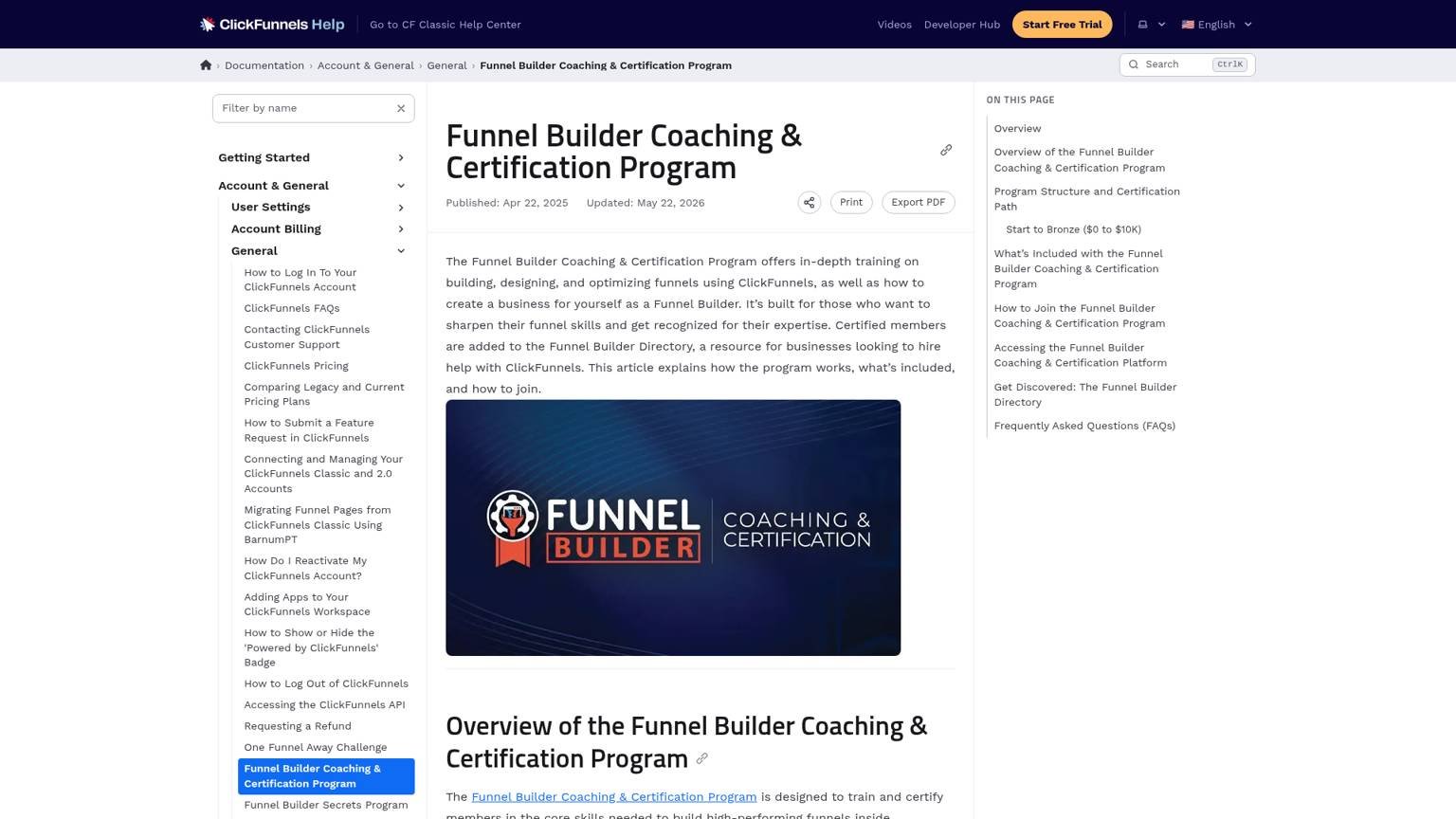 ClickFunnels help doc for the Funnel Builder Coaching and Certification Program, updated May 22, 2026