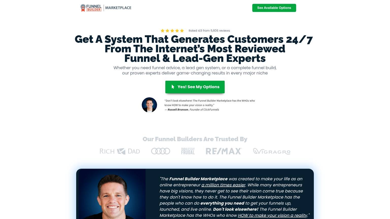 Funnel Builder Marketplace homepage connecting businesses with funnel experts, with a Russell Brunson quote