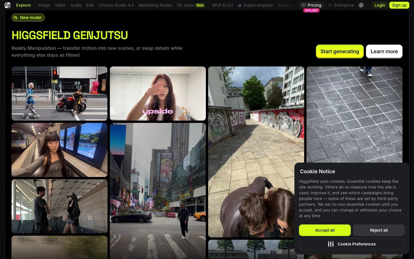 Higgsfield AI feature section showing the available video and image generation models
