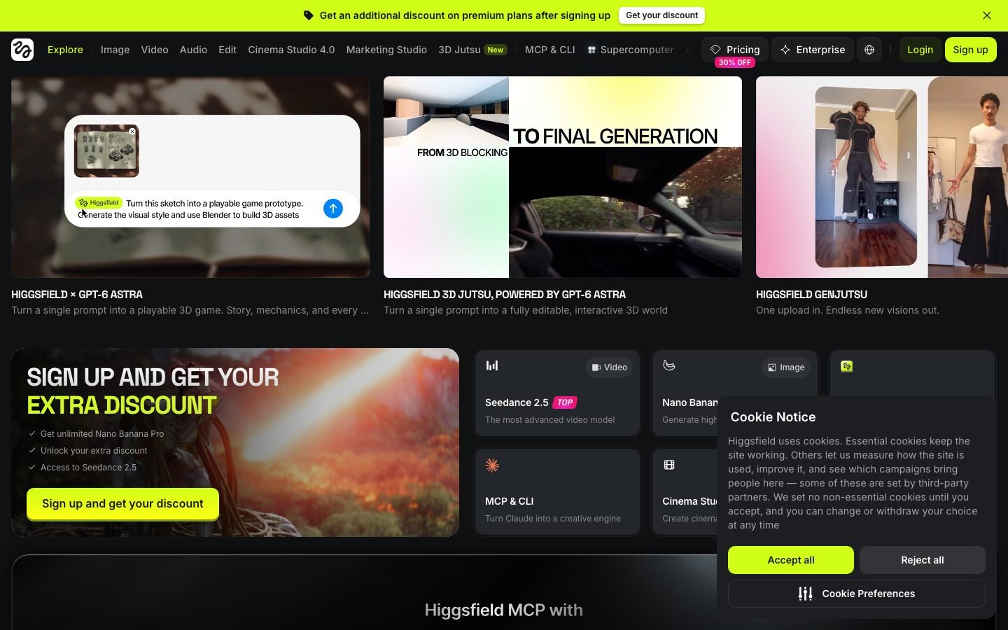 Higgsfield AI homepage showing the video generation positioning and headline offer