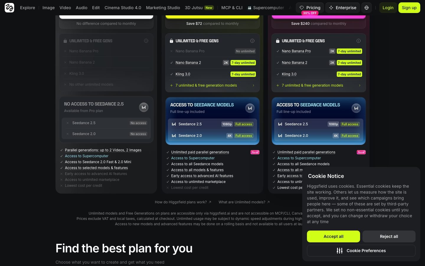 Higgsfield AI plan comparison showing credit limits and what each tier includes