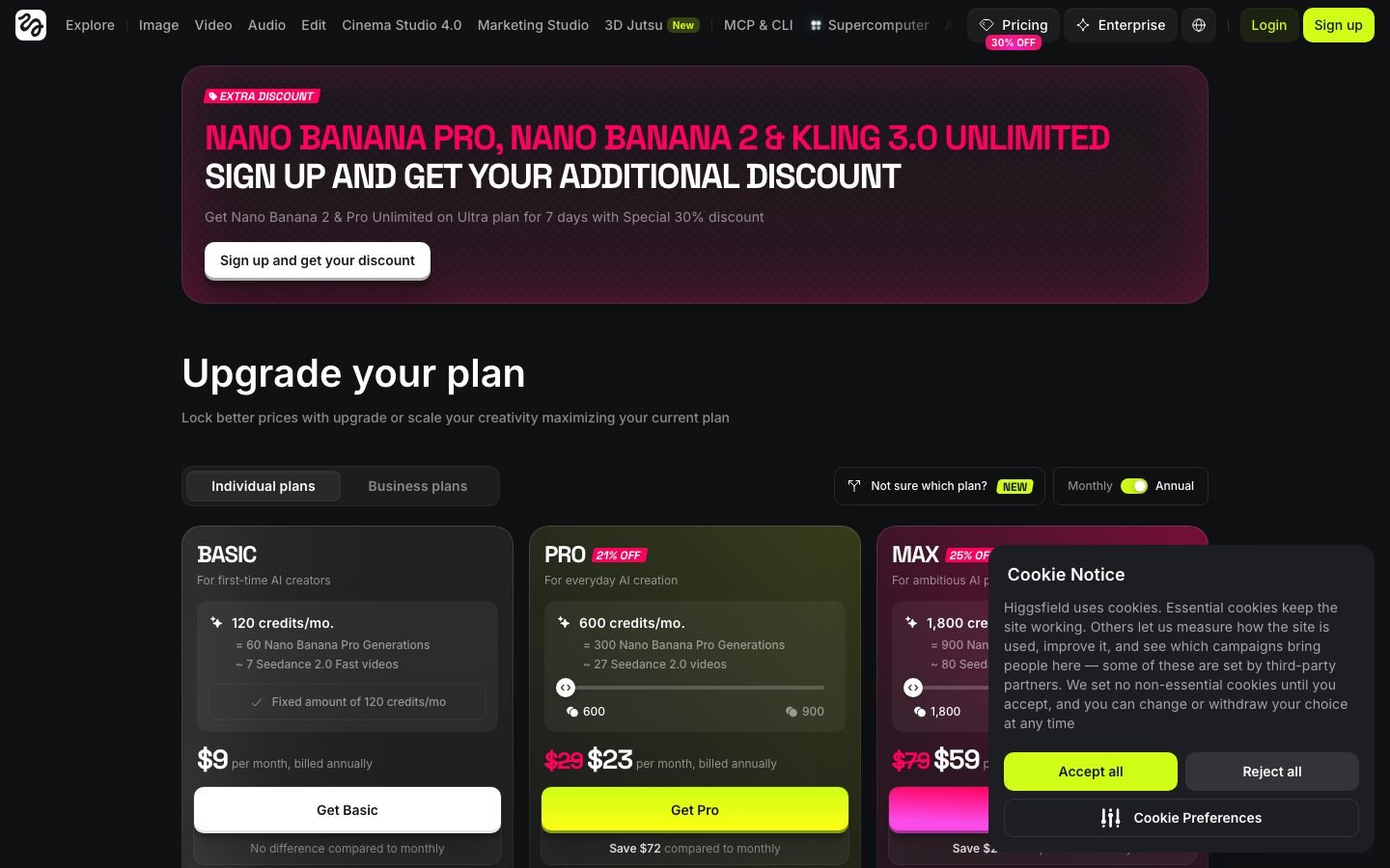 Higgsfield AI pricing page showing the published plan structure for 2026