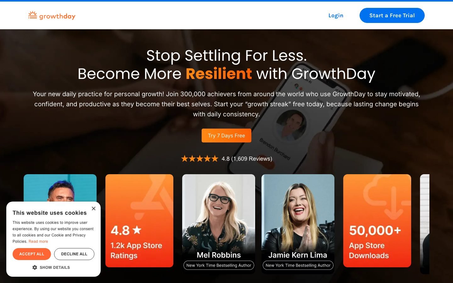 GrowthDay homepage showing the platform built around Brendon Burchard's habit framework