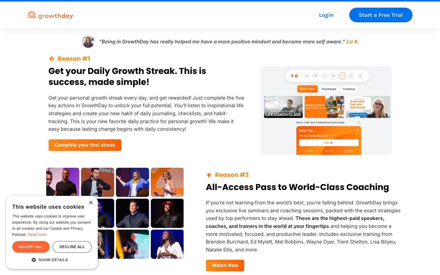 GrowthDay offer section listing the coaching and course access included