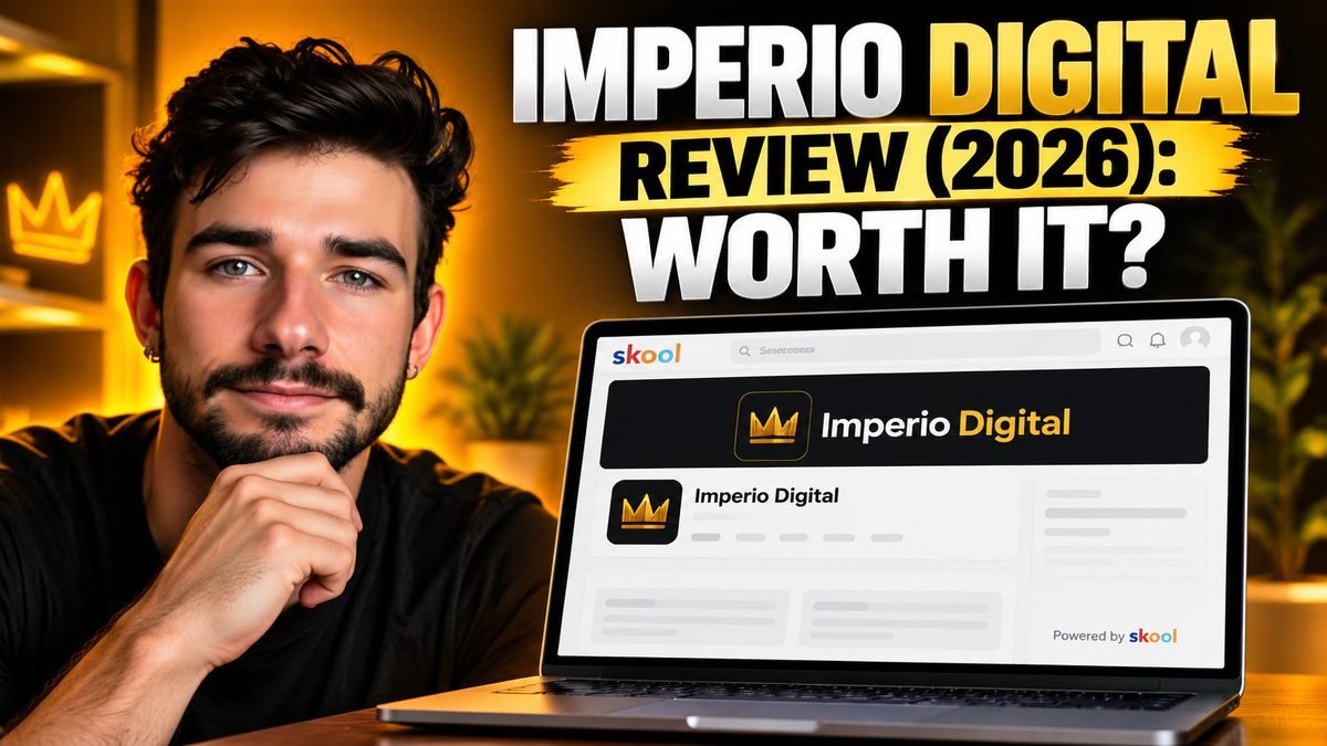 Benjamin Cordero next to the Imperio Digital Skool community page on a laptop