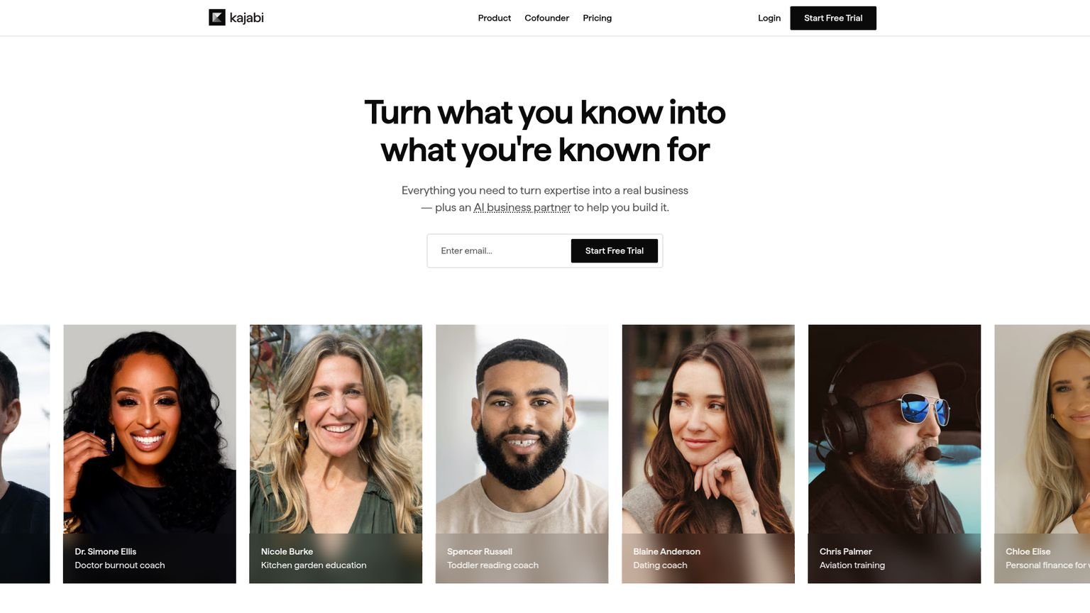 Kajabi homepage showing all-in-one platform positioning for course creators and coaches