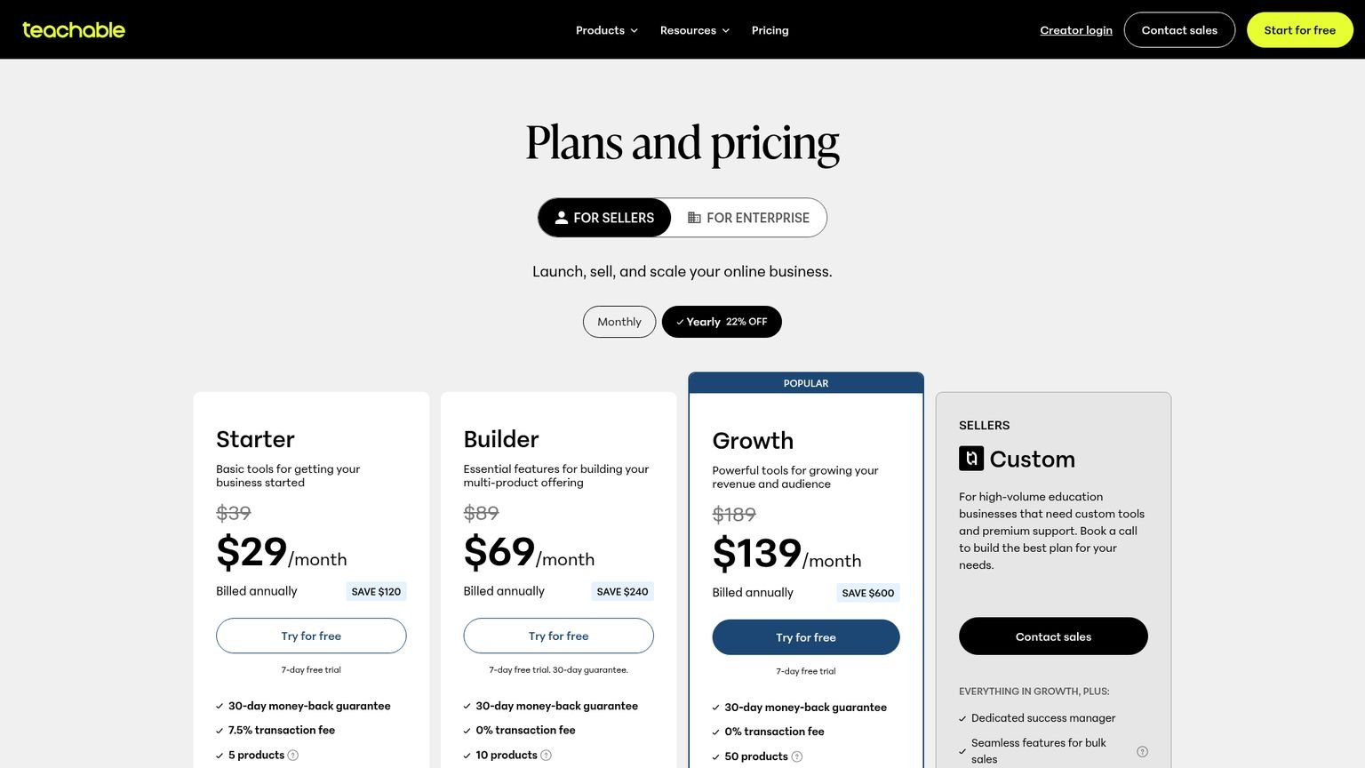 Teachable pricing comparison page showing Starter, Builder, and Growth plans