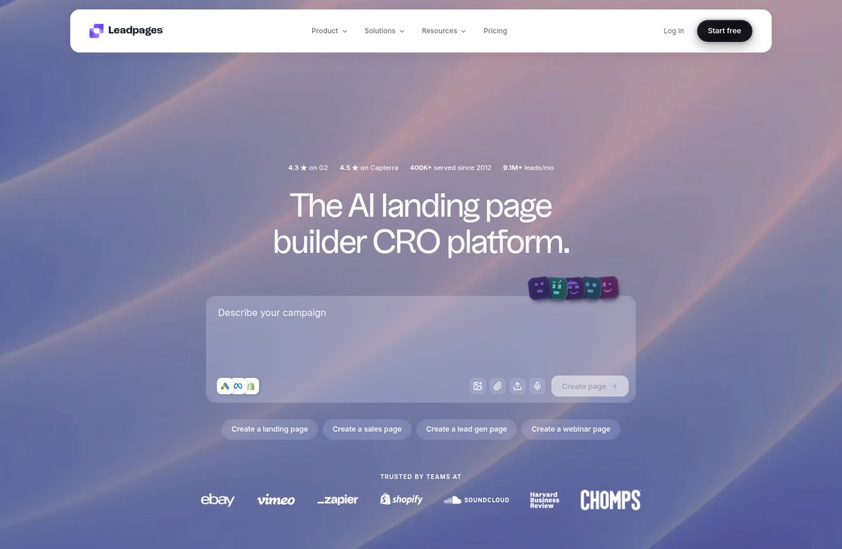 Leadpages homepage in October 2026, now titled "The AI landing page builder CRO platform"