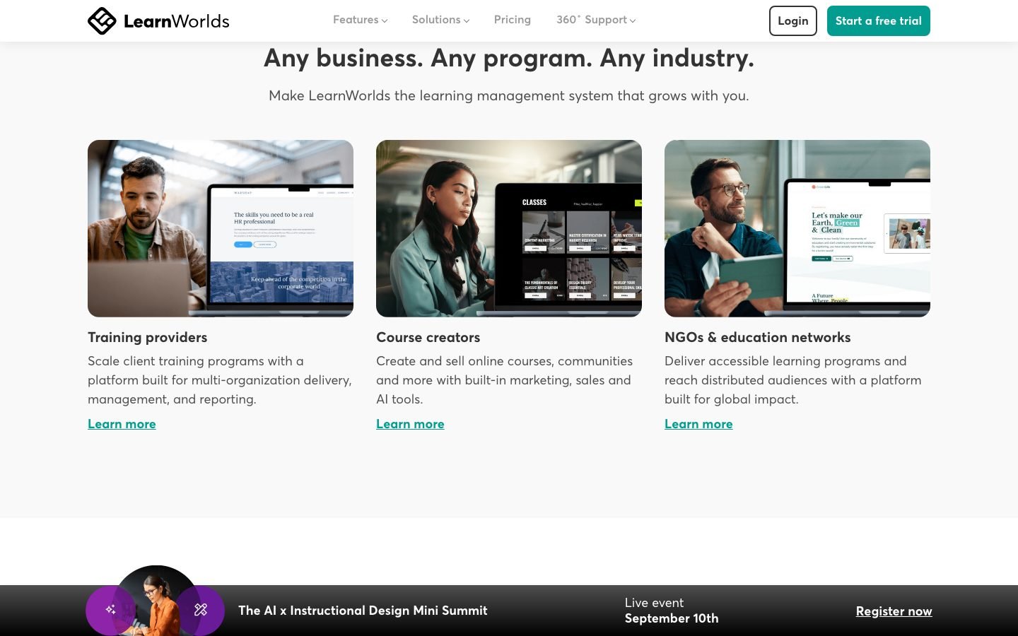 LearnWorlds feature overview showing the course builder and learning tools