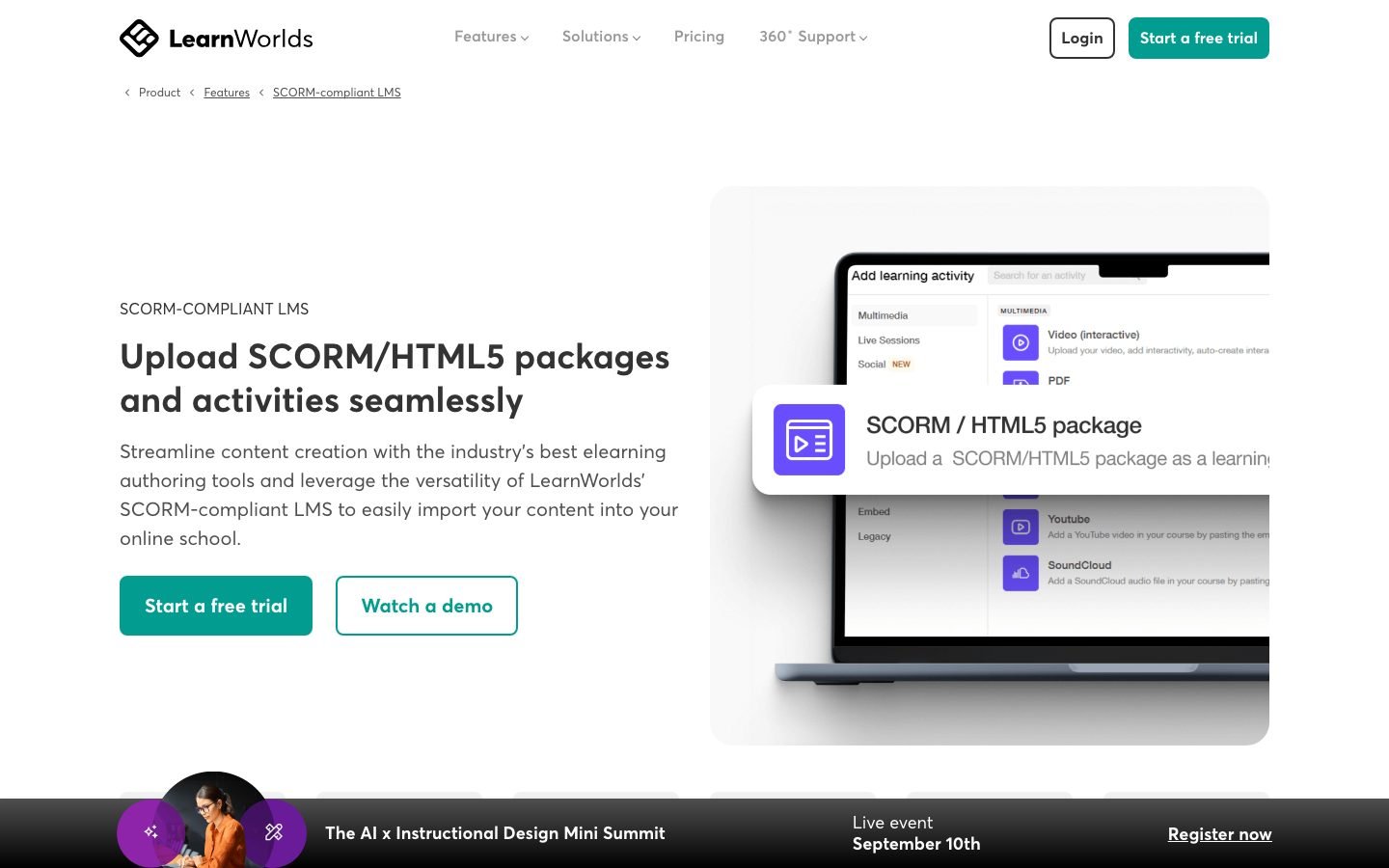 LearnWorlds SCORM and interactive video feature page showing the corporate training tooling