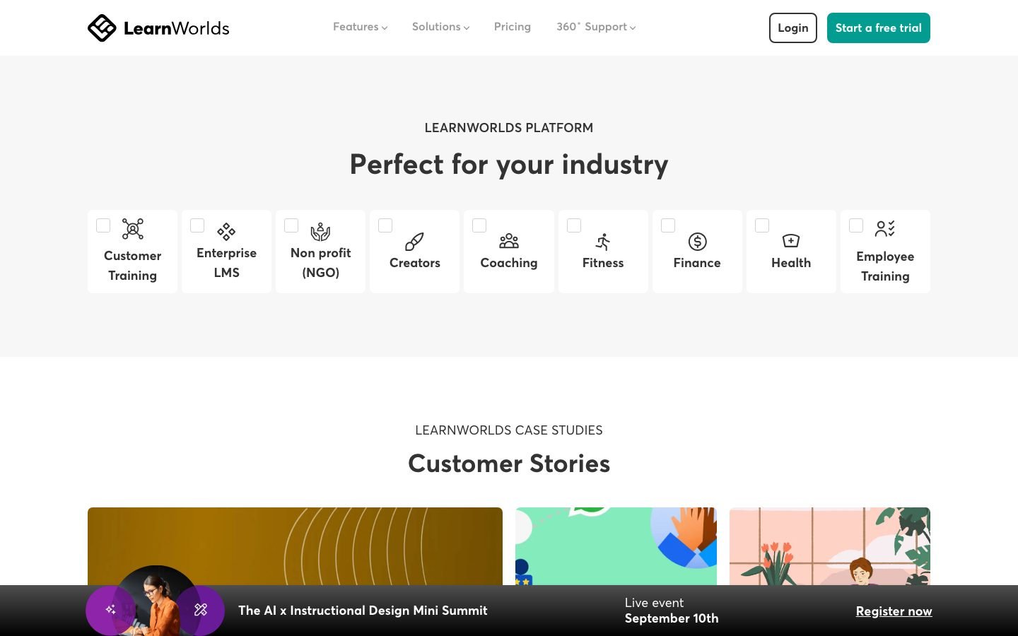 LearnWorlds solutions page showing the use cases the platform targets