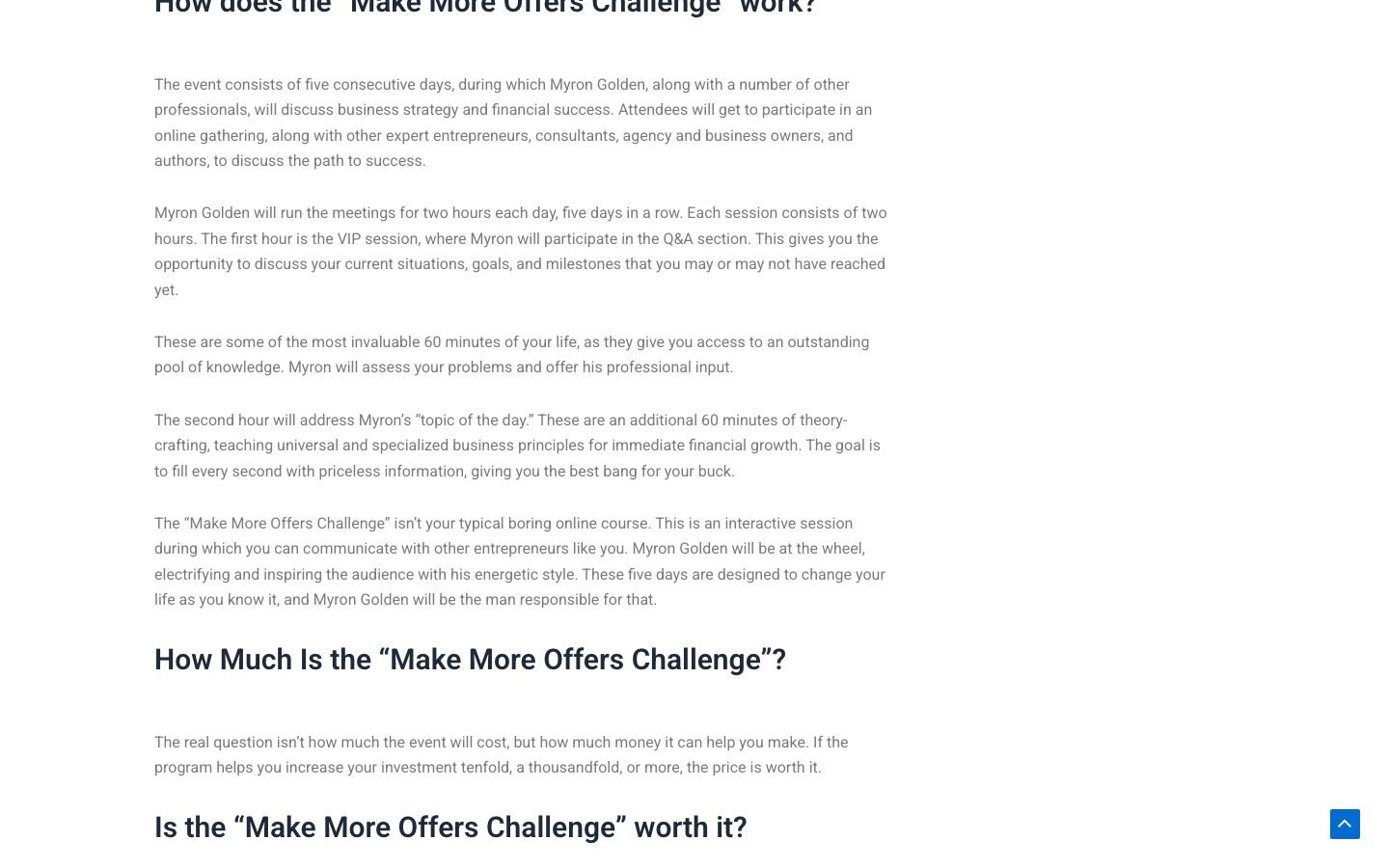 Make More Offers Challenge page showing the day-by-day session structure
