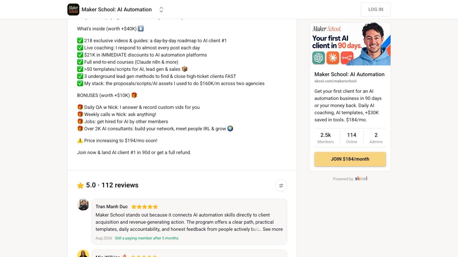 Maker School's public offer list: 218 videos and guides, live coaching, $21K in discounts, templates, weekly calls and the price increase warning