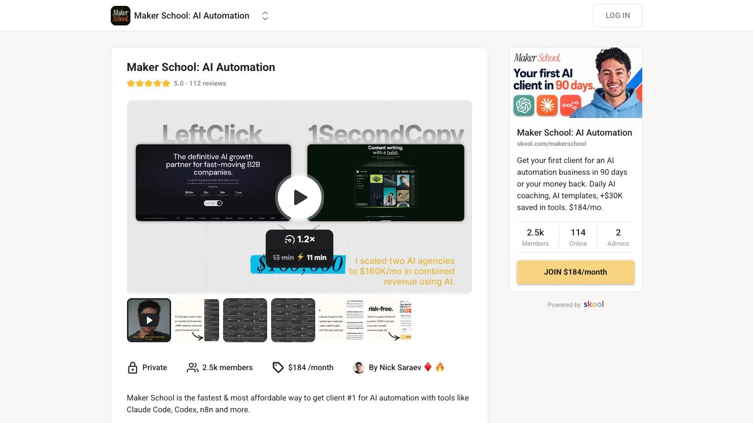 Maker School's public Skool page showing $184 a month, 2.5k members, 2 admins and the Join button
