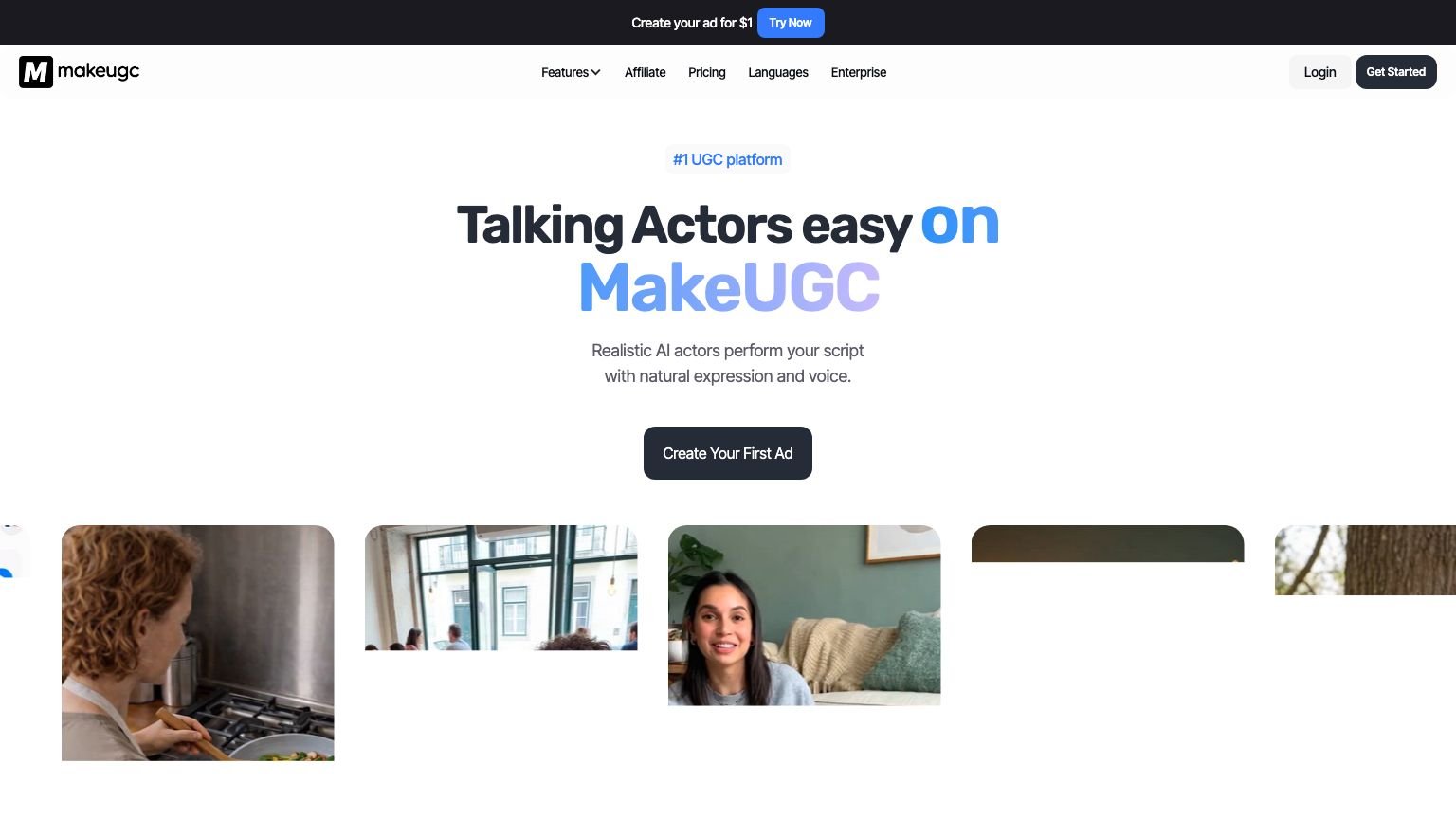 MakeUGC AI actor selection library page showing diverse AI spokesperson options for UGC video creation