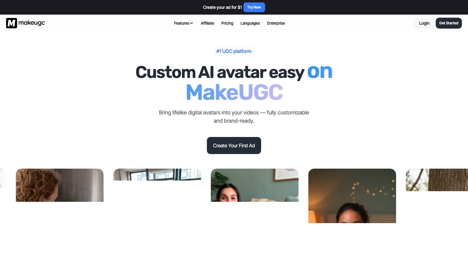 MakeUGC AI custom avatar cloning feature page showing the AI actor personalization and avatar creation workflow