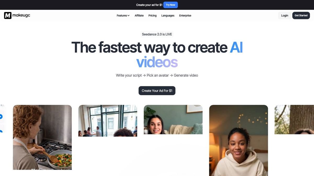 MakeUGC AI review dashboard showing AI UGC video generator interface with actor selection panel