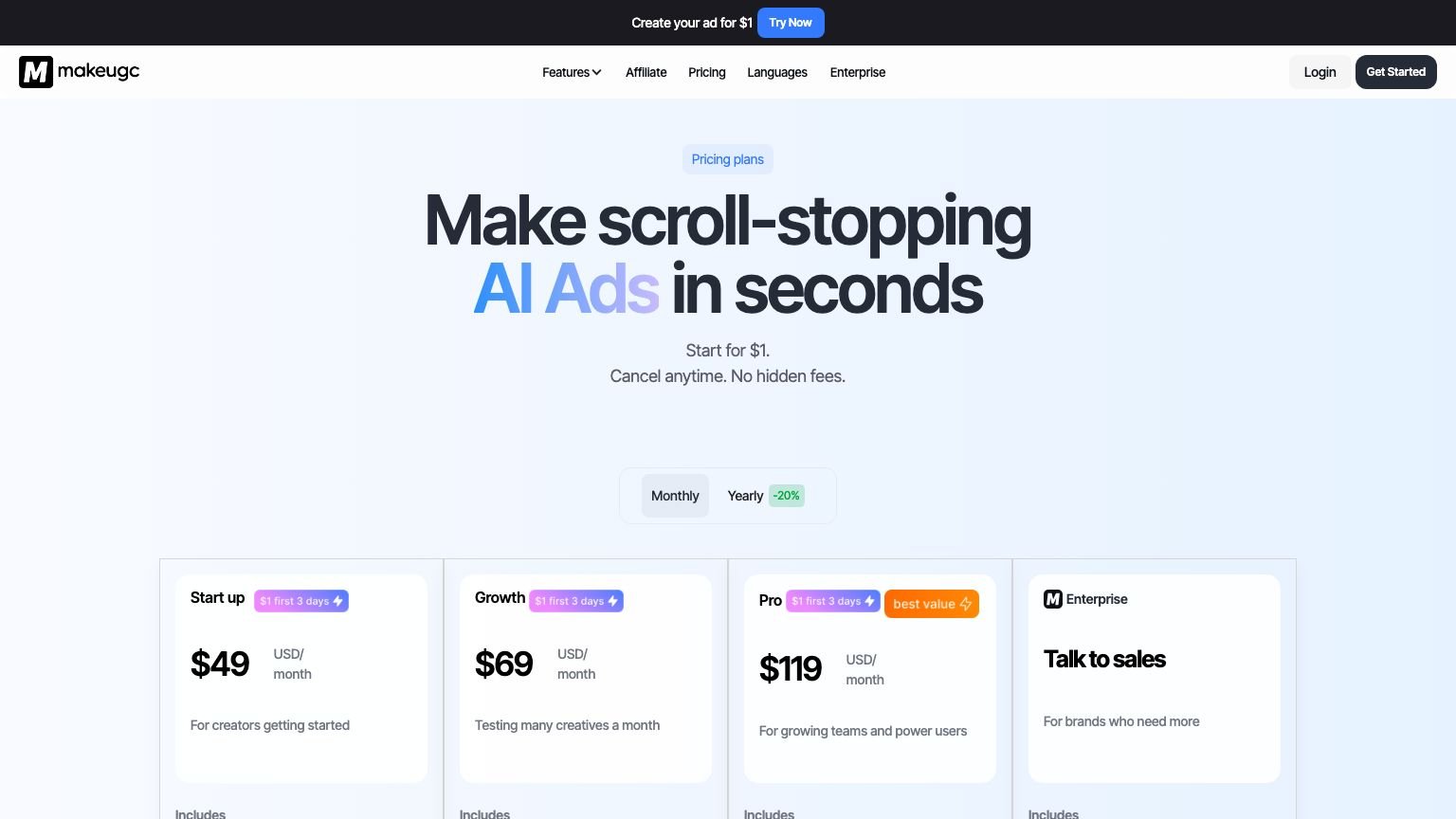 MakeUGC AI pricing page showing Starter, Growth, and Pro plan tiers with monthly and annual billing options