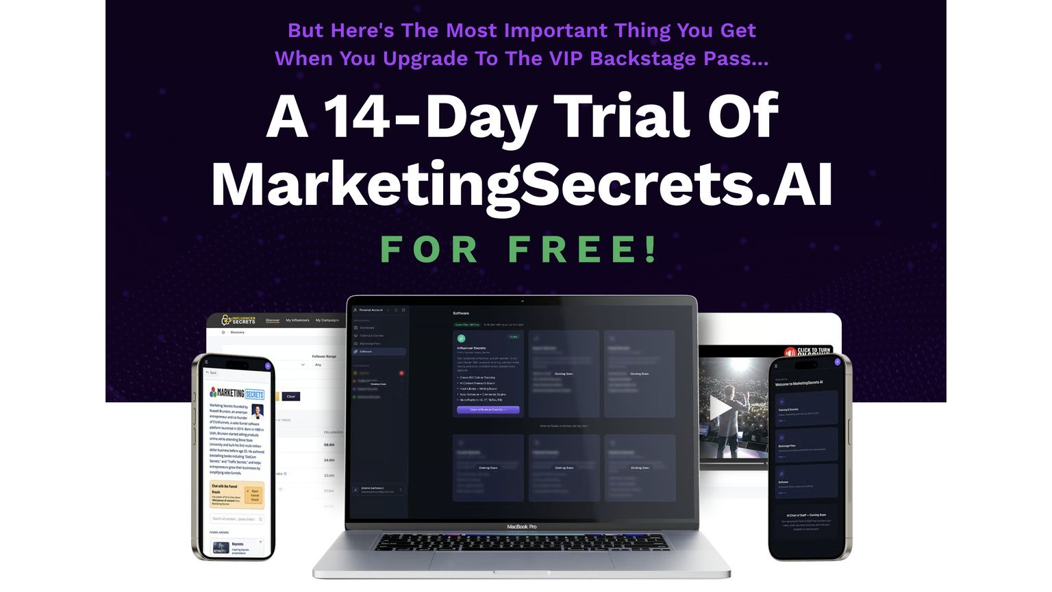 MarketingSecrets.ai 14-day free trial offer card displayed inside the VIP Backstage Pass checkout page