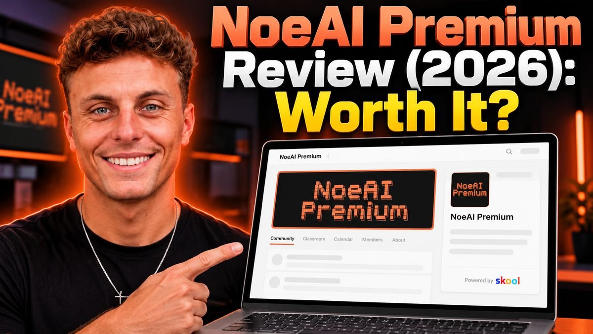 Noe Varner next to the NoeAI Premium Skool community page on a laptop