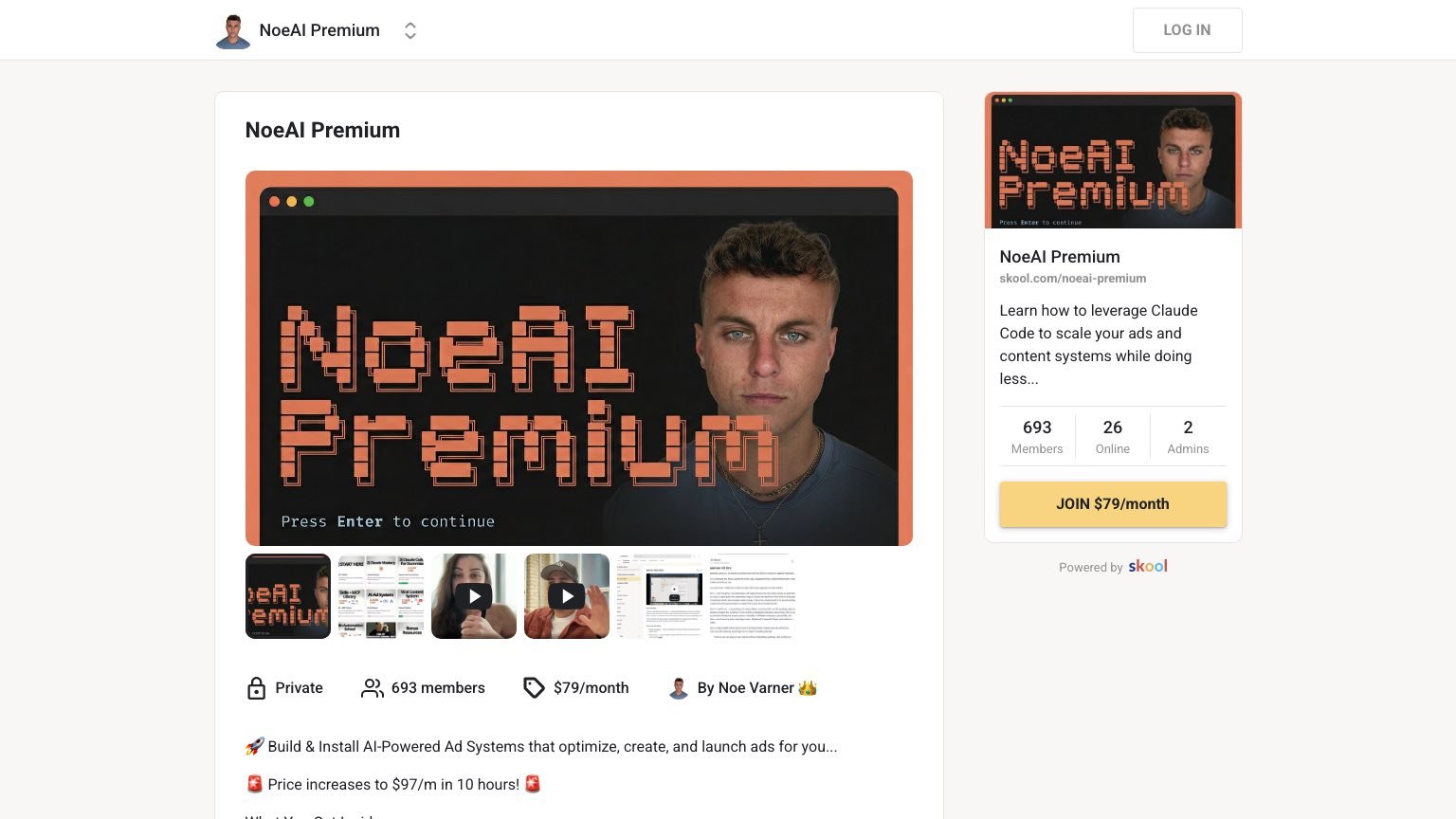 NoeAI Premium Skool community page showing 693 members and community description