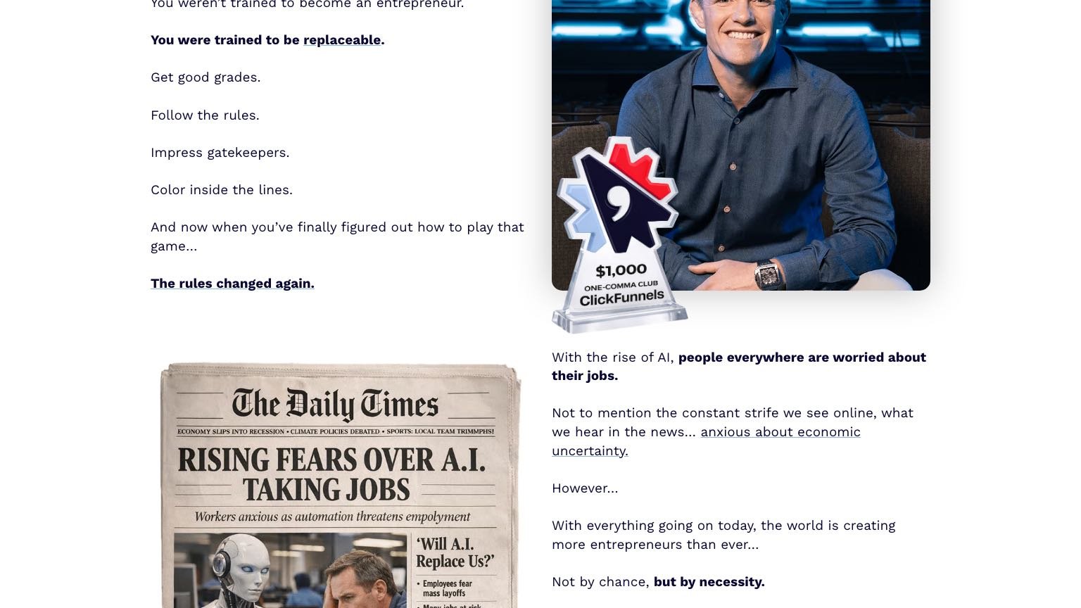 One Comma Club Challenge page with Russell Brunson and the $1,000 One Comma Club award