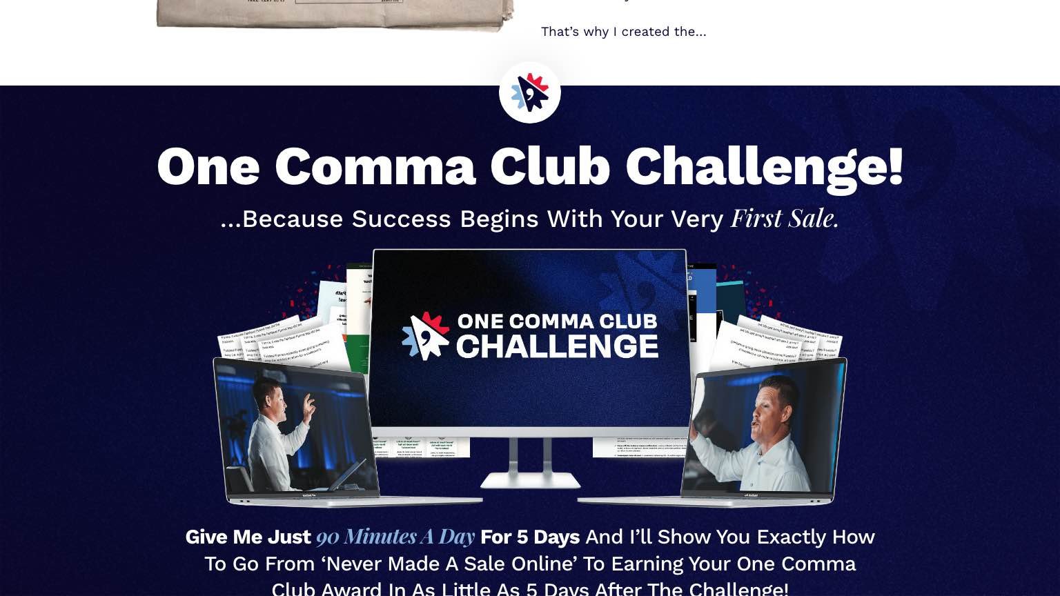 One Comma Club Challenge page offering the free AI software for registrants