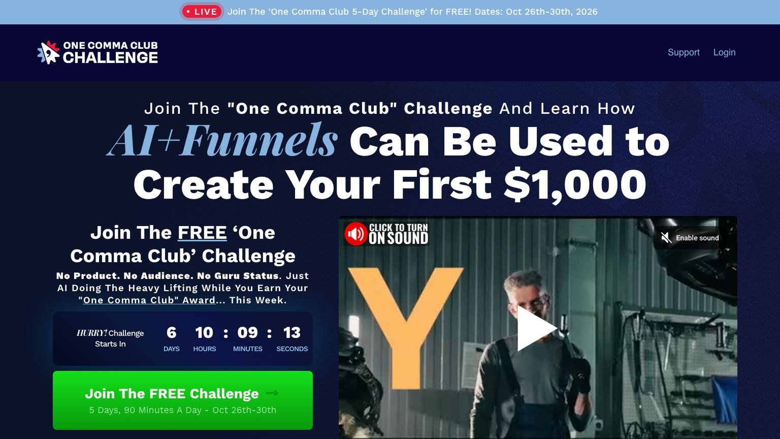 One Comma Club Challenge registration page showing the October 26-30, 2026 dates and the free signup button
