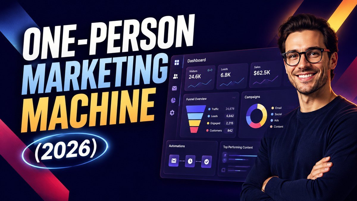 One-person marketing machine AI dashboard with funnel and campaign analytics