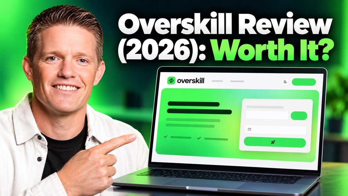 Russell Brunson with the Overskill page on a laptop