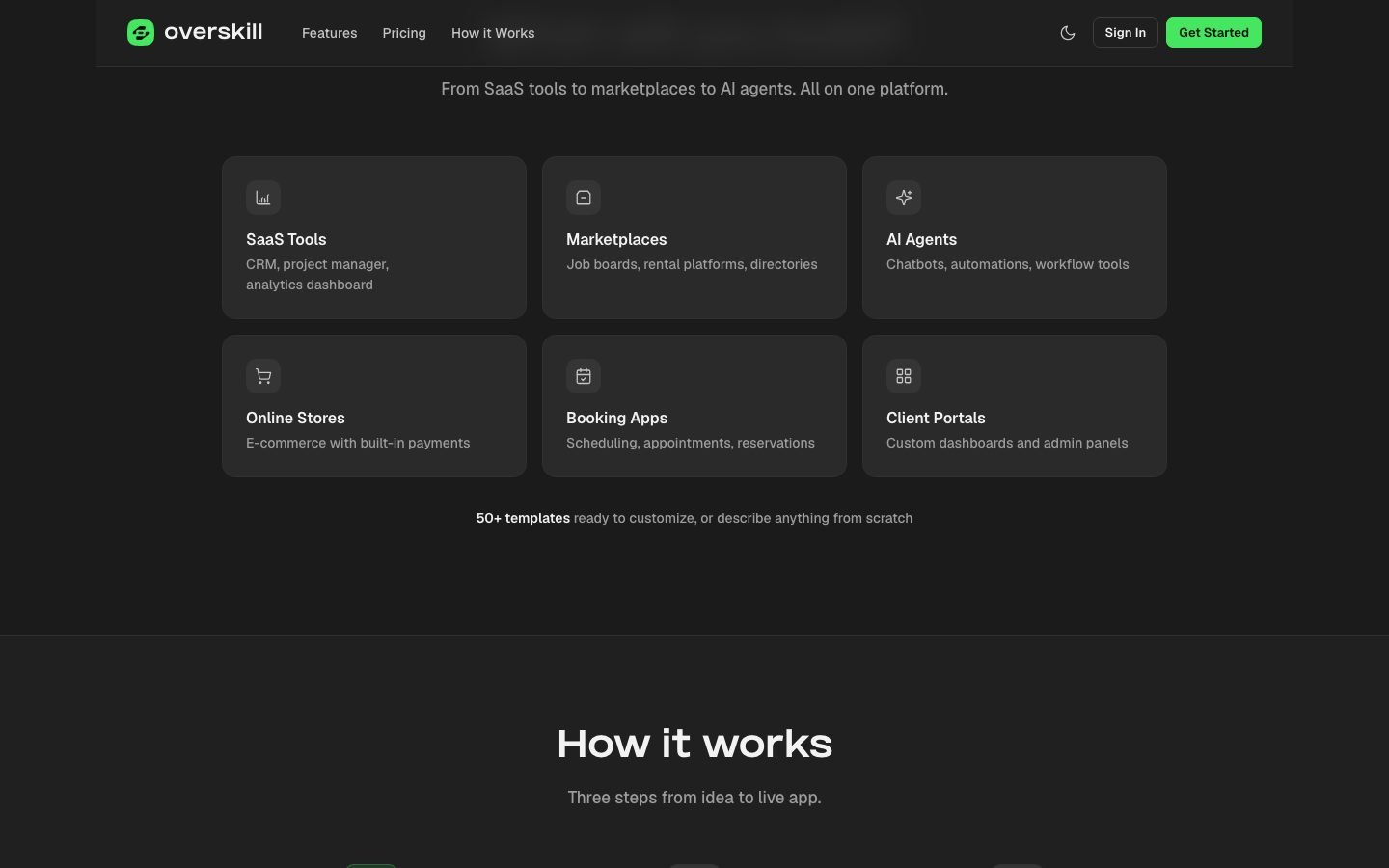 Overskill feature section showing the pre-wired sign-in, database, payments and push notification stack