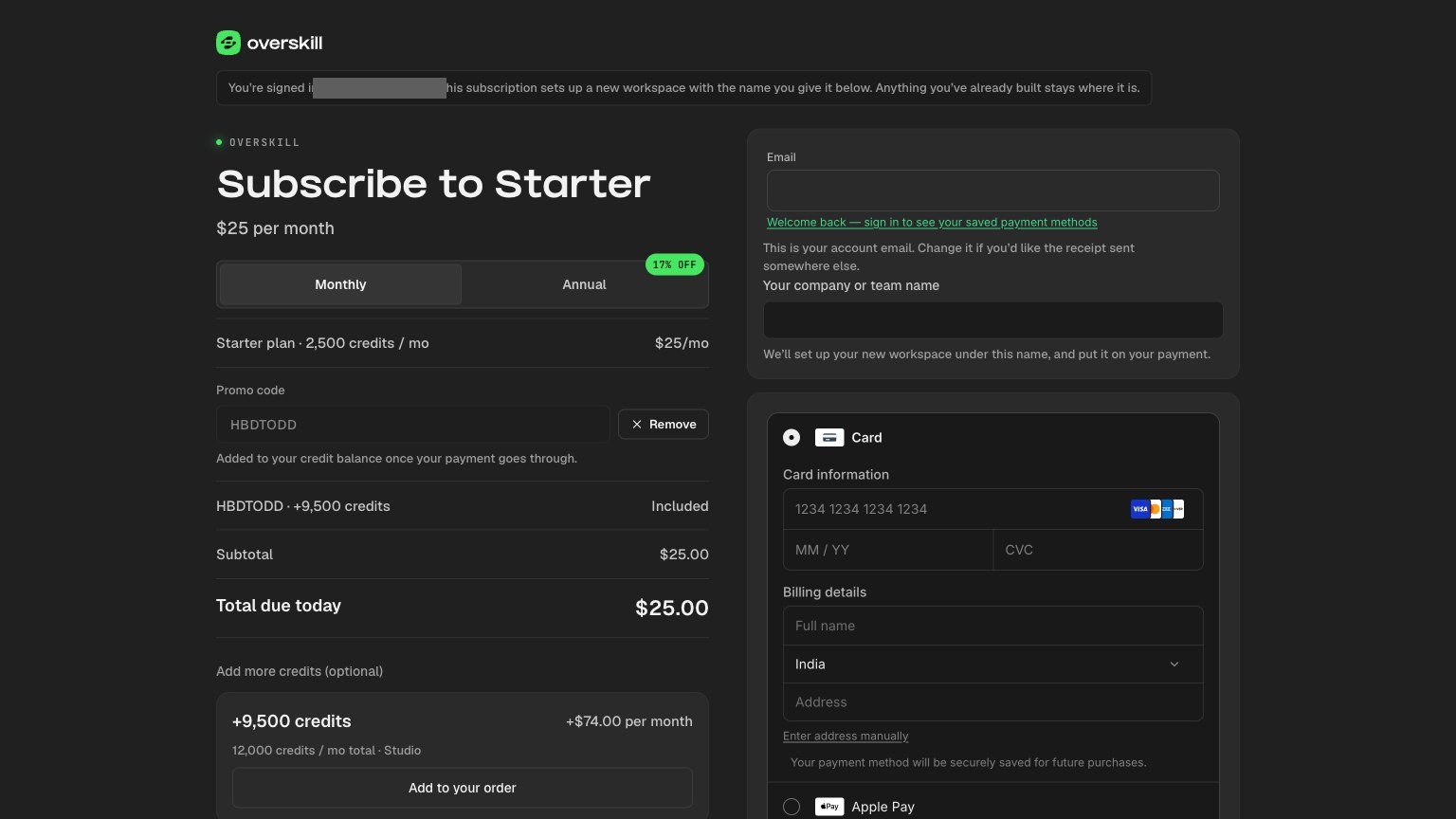 Overskill checkout from September 2026 showing the now-expired HBDTODD promo code adding 9,500 credits to Starter