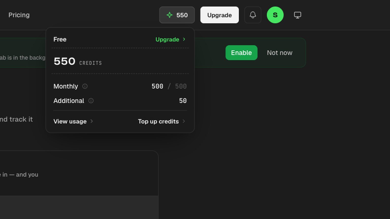 Overskill credits panel showing a Free plan with 500 monthly credits and 50 additional credits