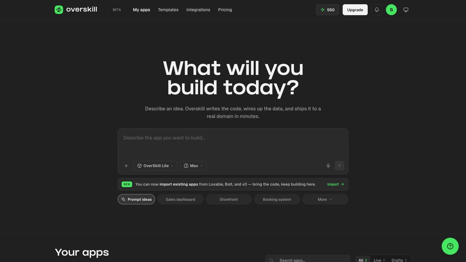 Overskill dashboard prompt box asking what you want to build, with the credit balance in the header