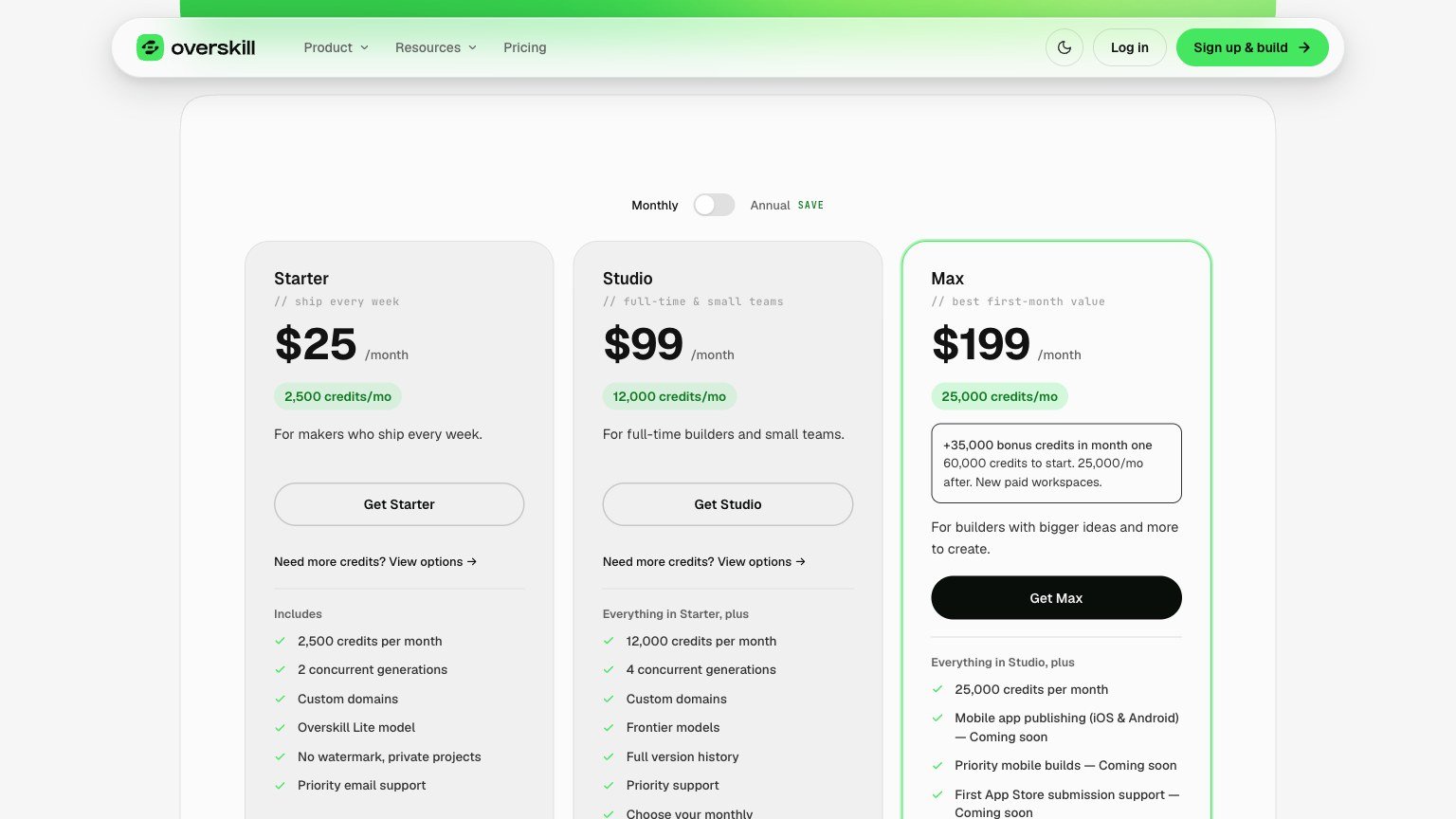Overskill pricing page as captured in September 2026, when the $25 Starter plan was still listed publicly