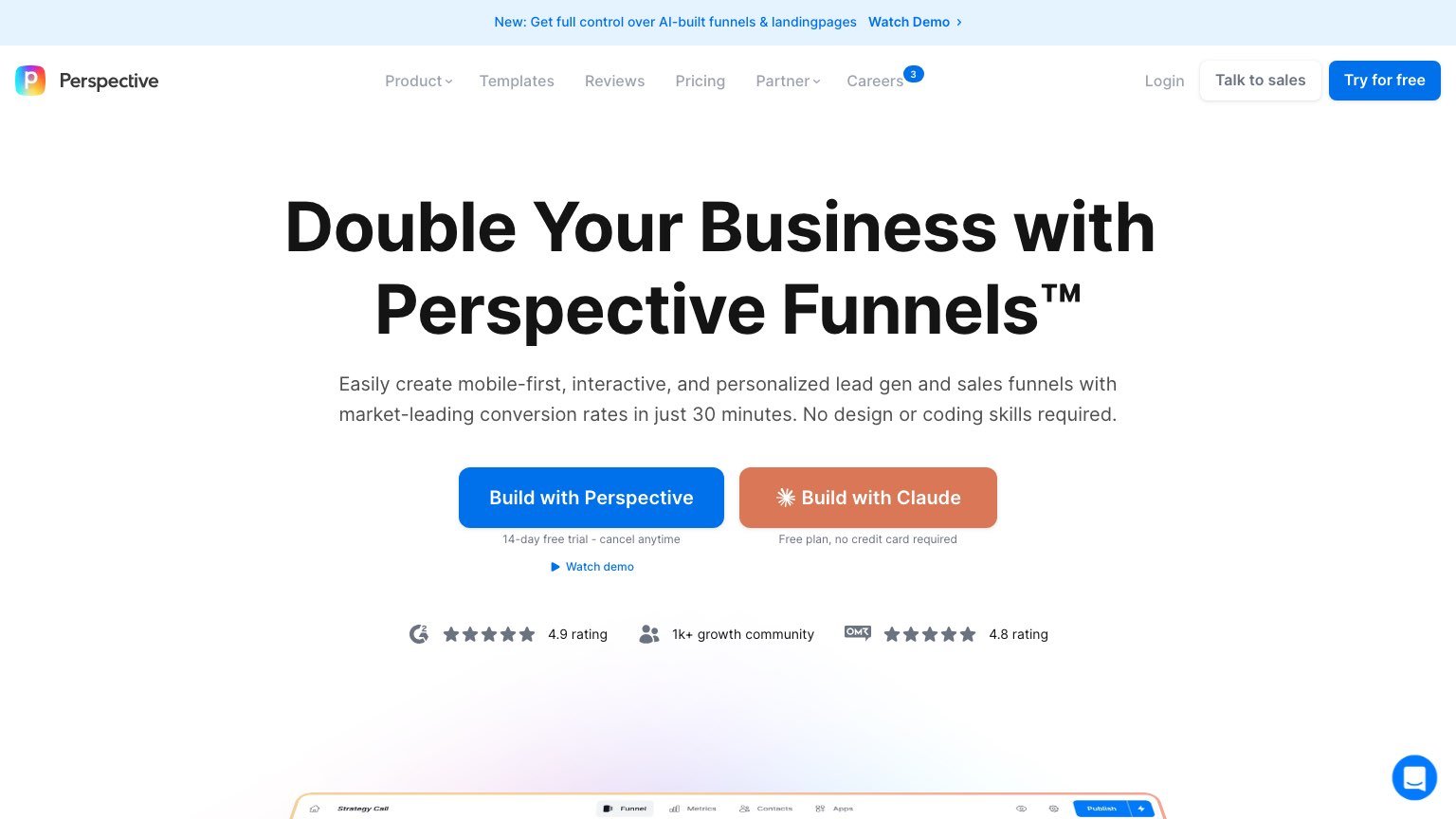 Perspective homepage showing the 14-day free trial and Build with Claude options
