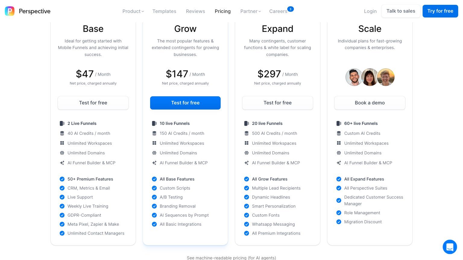Perspective pricing page with Base, Grow, Expand and Scale plans shown at yearly prices