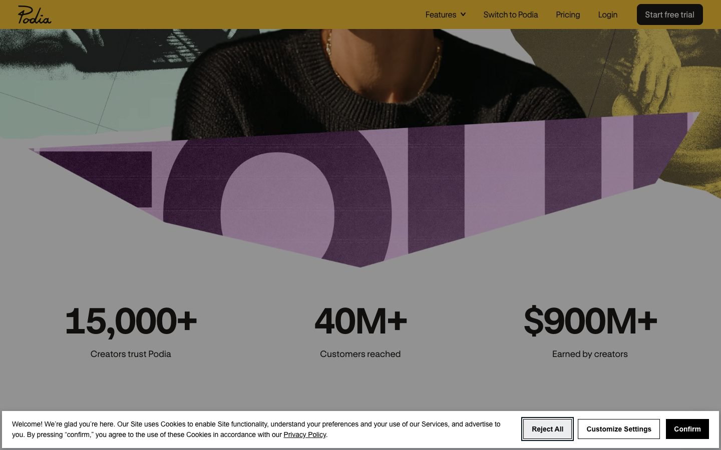 Podia feature overview showing the course and digital product tooling