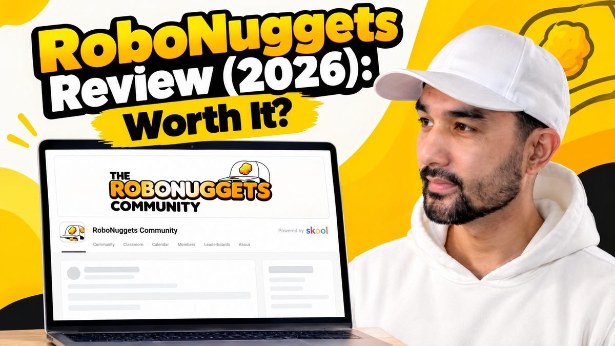 Jay E next to the RoboNuggets Skool community page on a laptop