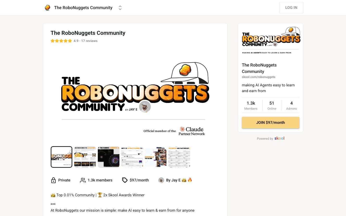 RoboNuggets Skool about page showing 1.3k members, $97/month pricing and a 4.9 star rating from 17 reviews