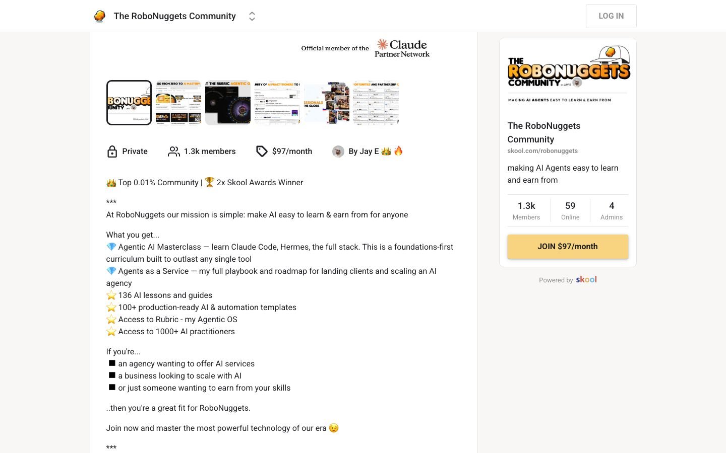 RoboNuggets community page listing the Top 0.01% Community badge and 2x Skool Awards Winner status under founder Jay E