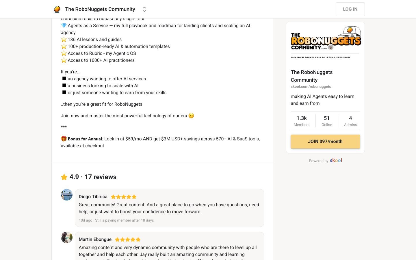 RoboNuggets what-you-get section detailing the Agentic AI Masterclass and included curriculum
