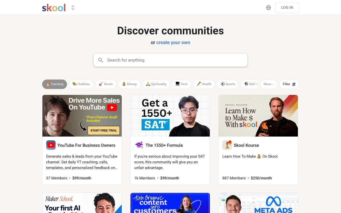 Skool discovery page used to cross-check RoboNuggets ranking against other paid AI communities