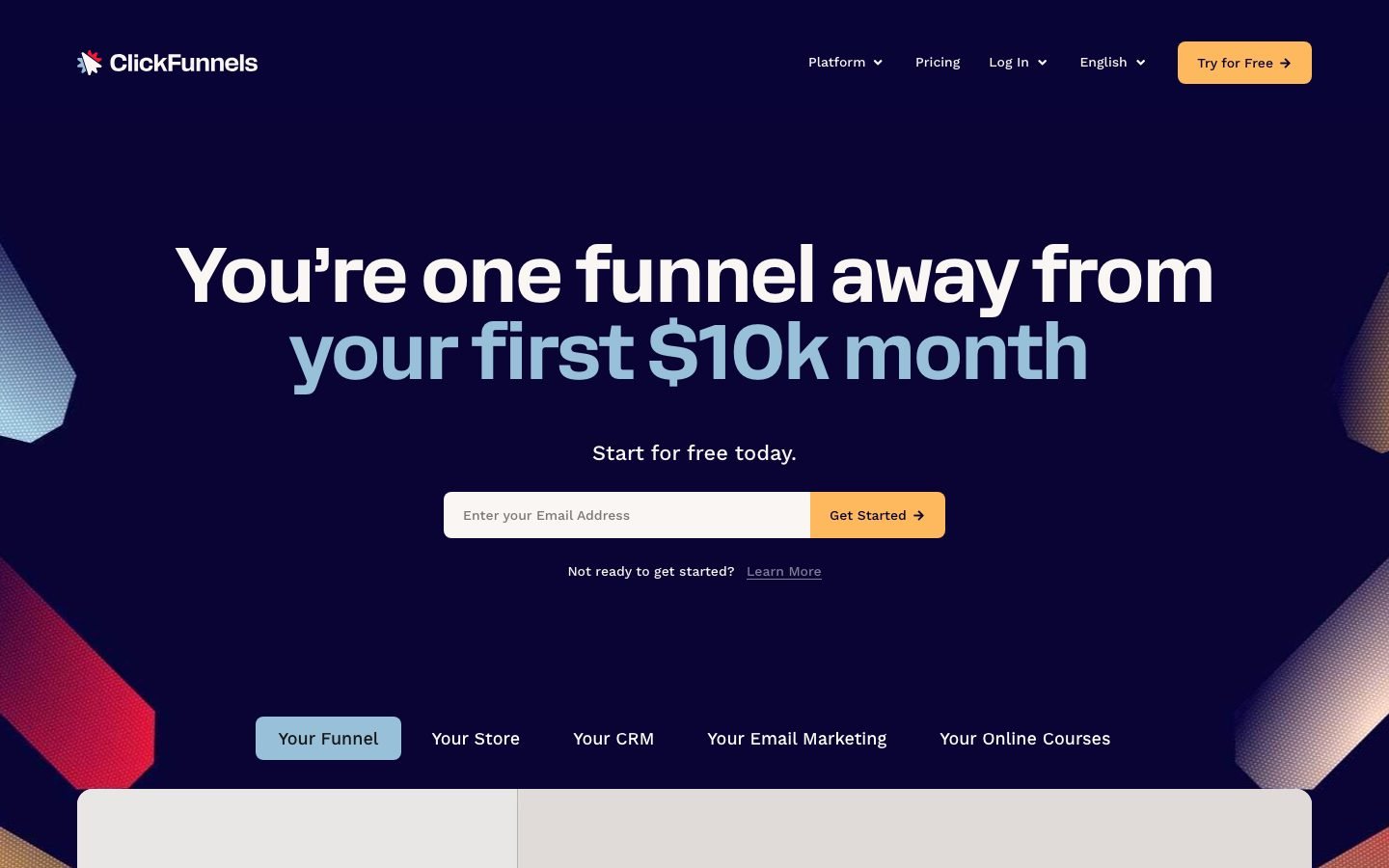 ClickFunnels homepage showing the software Russell Brunson co-founded